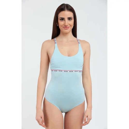 Lys blå Moschino bomuld bodysuit med ribbet taljebånd og logo-tryk