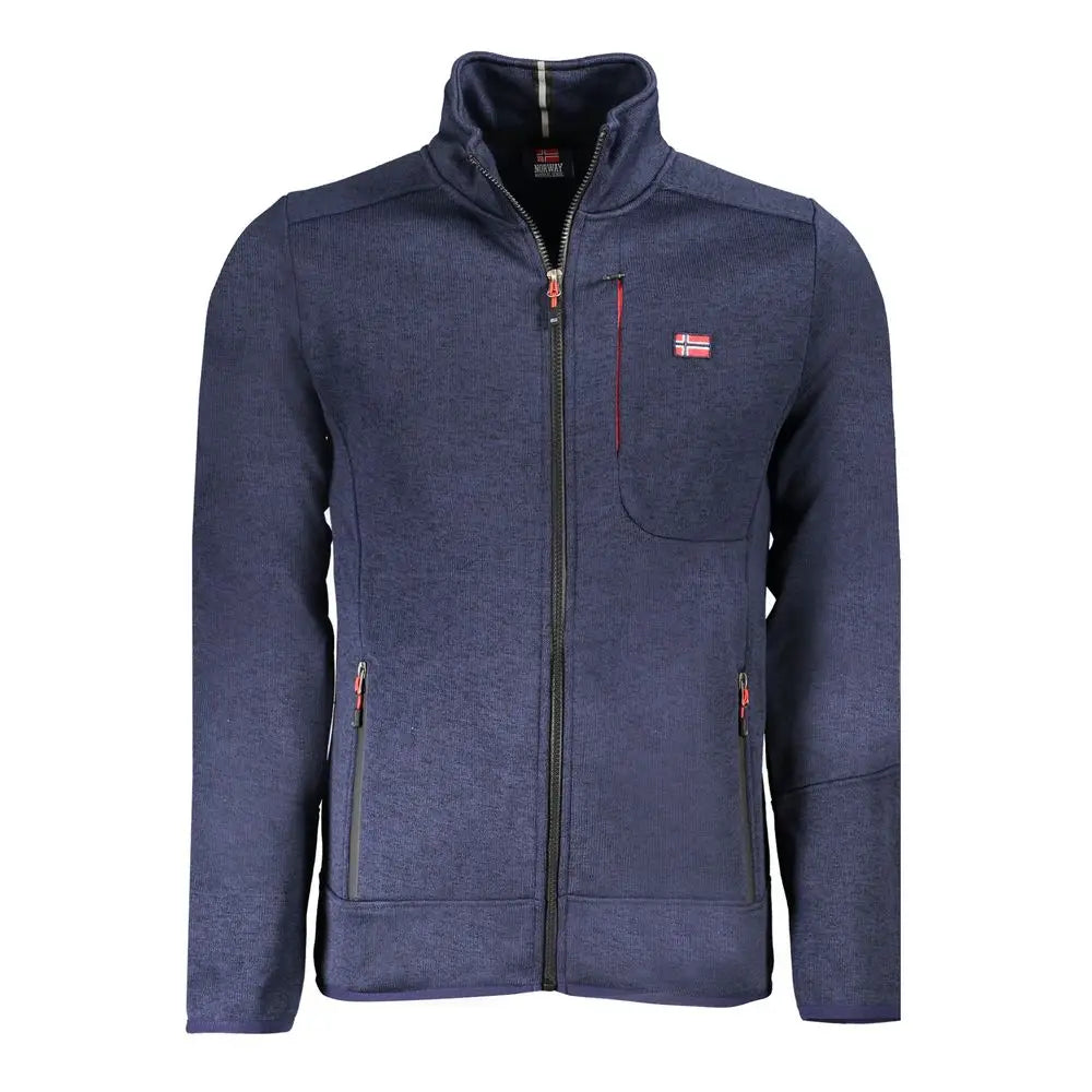 Navy blue textured fleece jakke med rød lynlås og norsk flag patch, 100% originale brands blu polyester