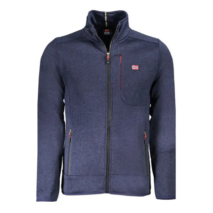 Navy blue textured fleece jakke med rød lynlås og norsk flag patch, 100% originale brands blu polyester