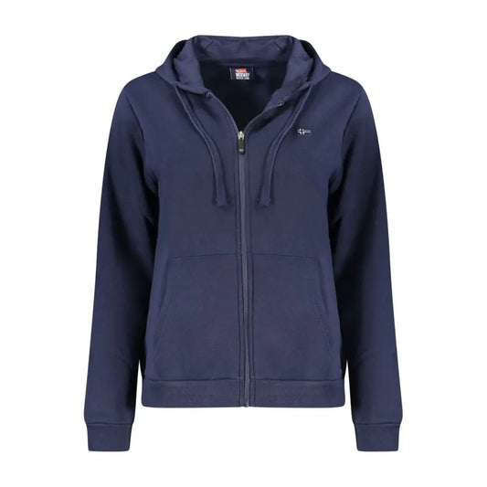 Navyblå bomuldssweatshirt med lynlås, broderet logo og matchende snører