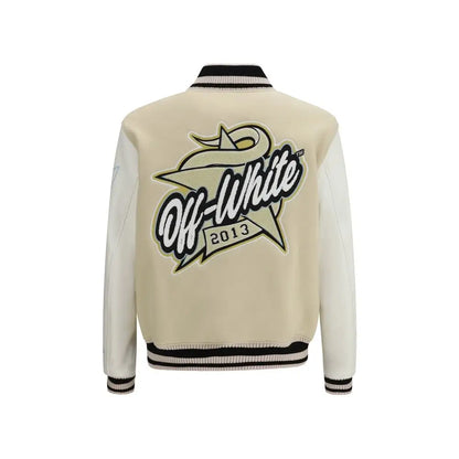 Cream-colored Off-White beige wool bomber jacket with striped trim and embroidered logo