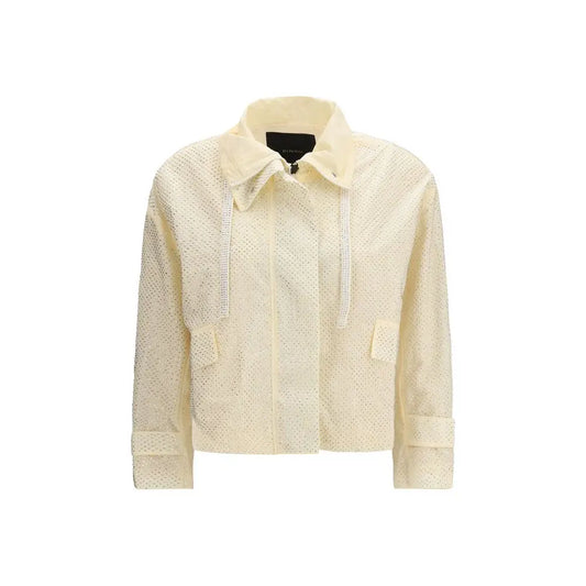 Pinko bicolor polyester jakke i kremfarvet, perforeret stof med krave og lynlås