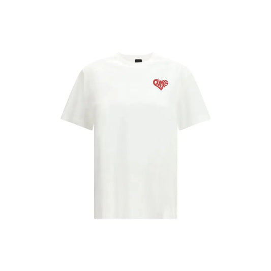 Pinko white cotton t-shirt with red embroidered heart logo on chest