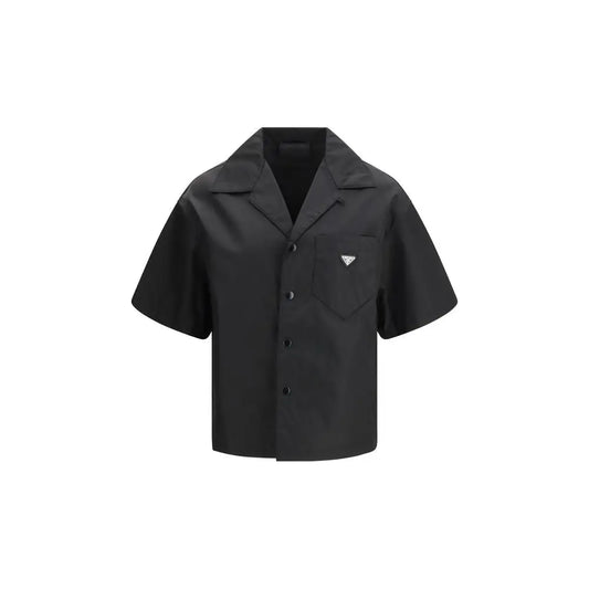 Prada black recycled polyamide shortsleeve shirt with collar and pocket
