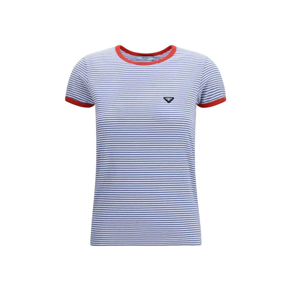 Prada blue cotton t-shirt med navy-hvide striber og rød trim