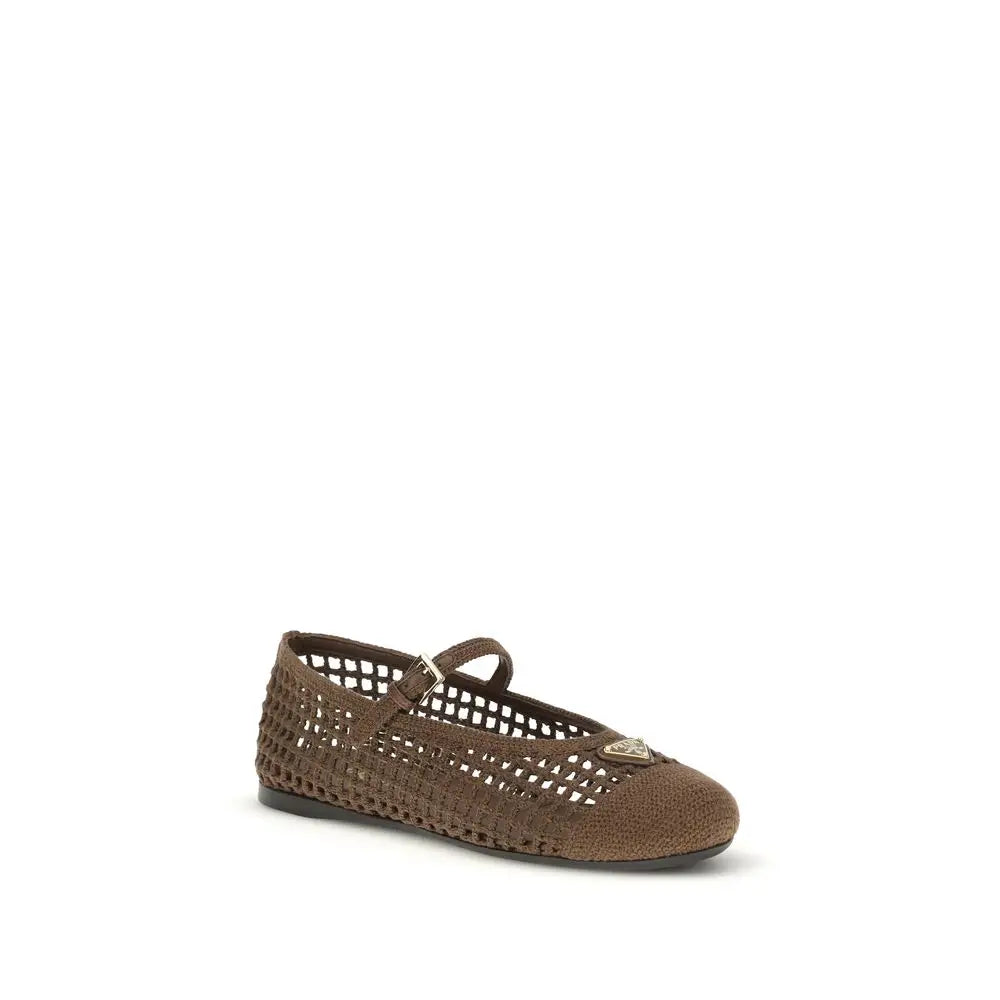 Prada brune bomuld ballet flats med flettet mesh og metallisk trekantlogo