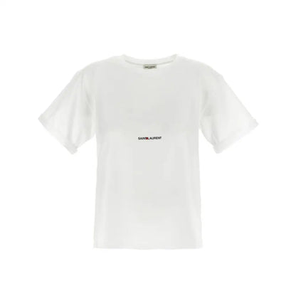 Saint Laurent hvide bomuld t-shirt med minimalistisk logo i sort og rød