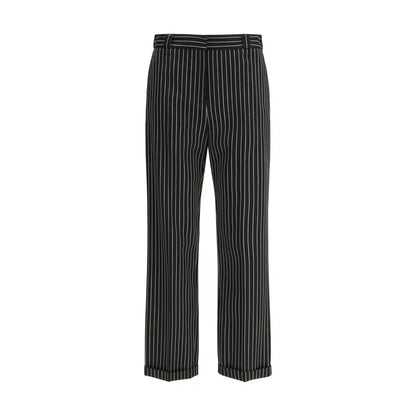 Tom Ford black wool casual pants med tynde hvide lodrette striber og matchende stribet bælte