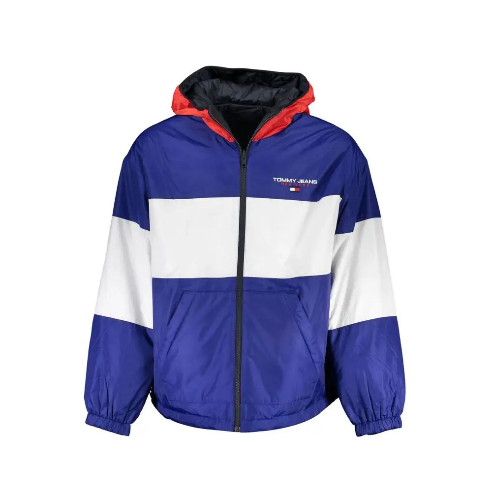 Tommy Hilfiger blue polyester reversible jacket med blå, hvid og rød tommy jeans-hætte, sort lynlås og elastiske manchetter