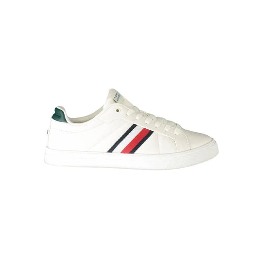 Tommy Hilfiger white leather low-top sneaker med røde, sorte og grønne striber