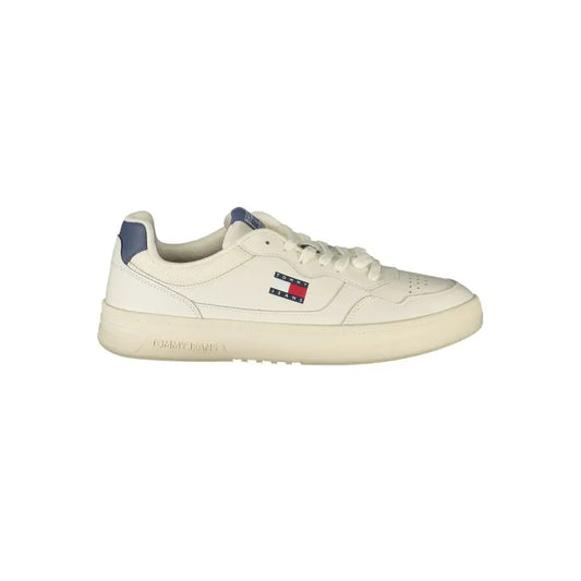 Tommy Hilfiger hvide lædersneakers med navy blå hæl og flaglogo