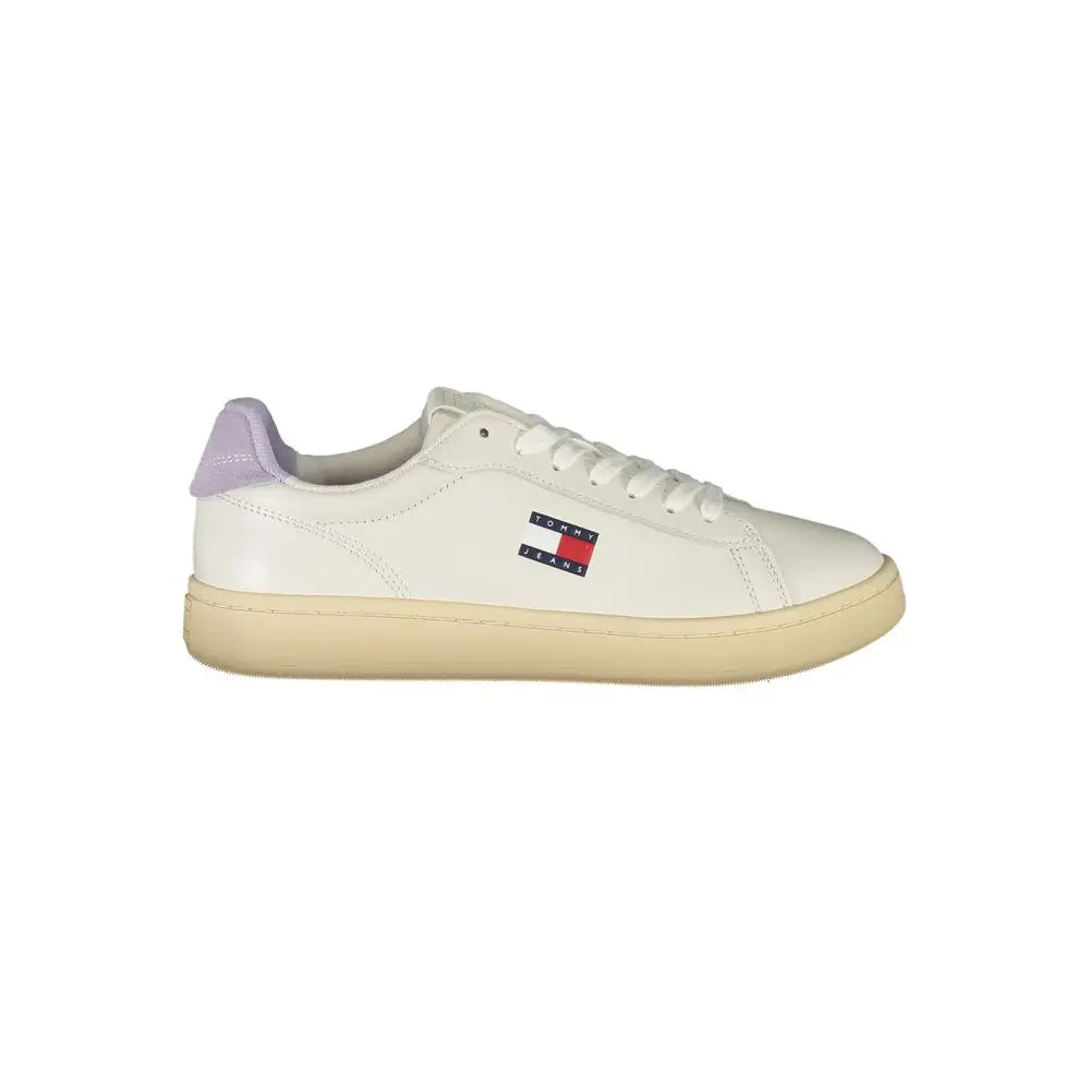 Tommy Hilfiger white polyurethane sneaker with lavender heel and beige sole