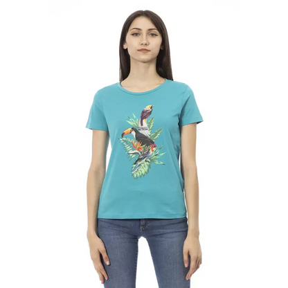 Trussardi Action lysblå bomuld kvinders t-shirt med turkis fugl og blade