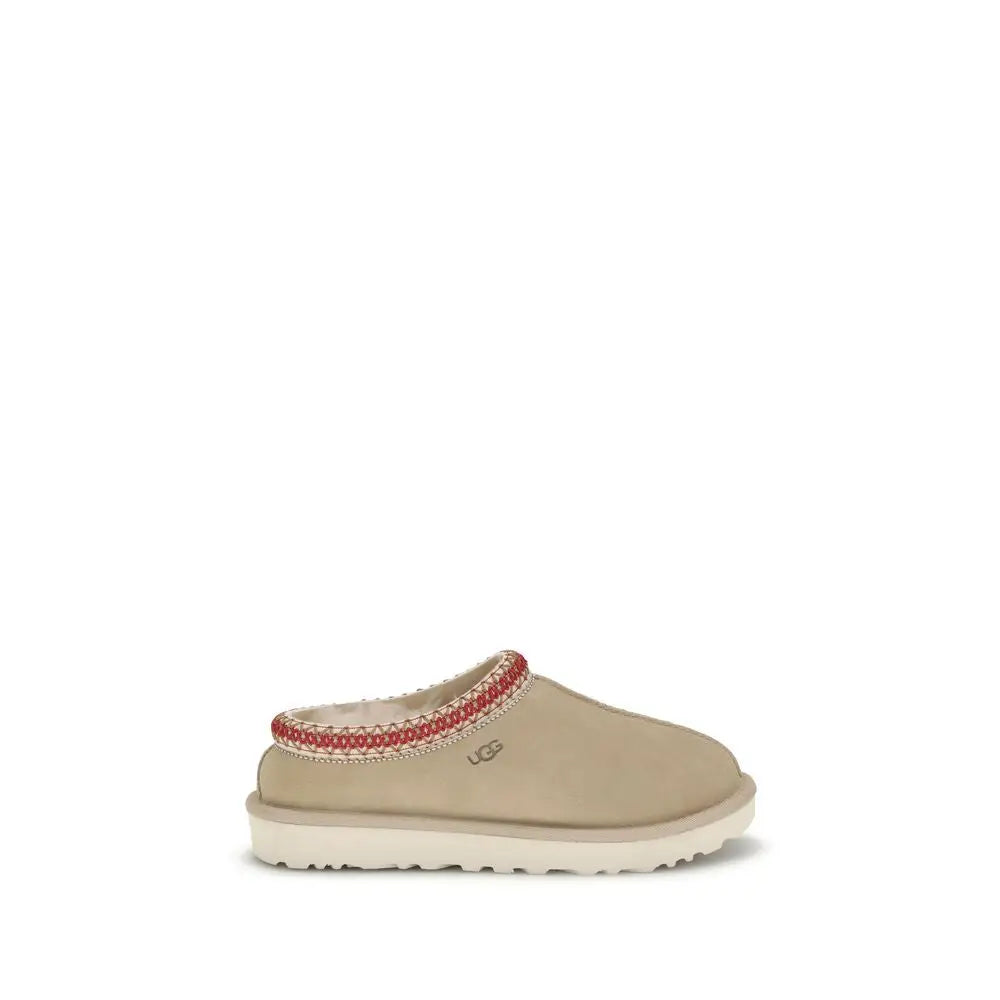 Beige UGG calf leather Bos Taurus mule med rød flættræt