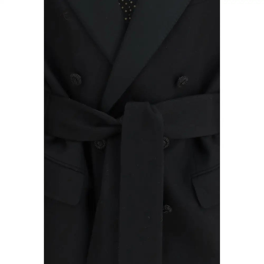Valentino black fleece wool blazer med sort dobbeltknappet jakke, matchende bælte og mørke knapper