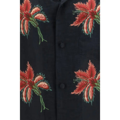 Valentino black linen pattern shirt with red and green floral design