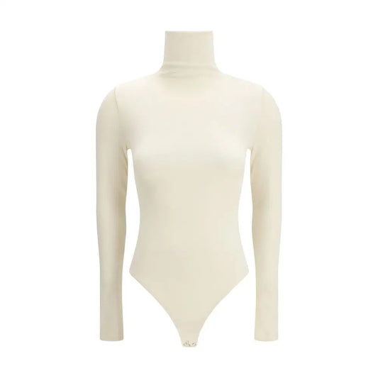 Wolford cream polyamide top: form-fitting long-sleeved turtleneck bodysuit i creme